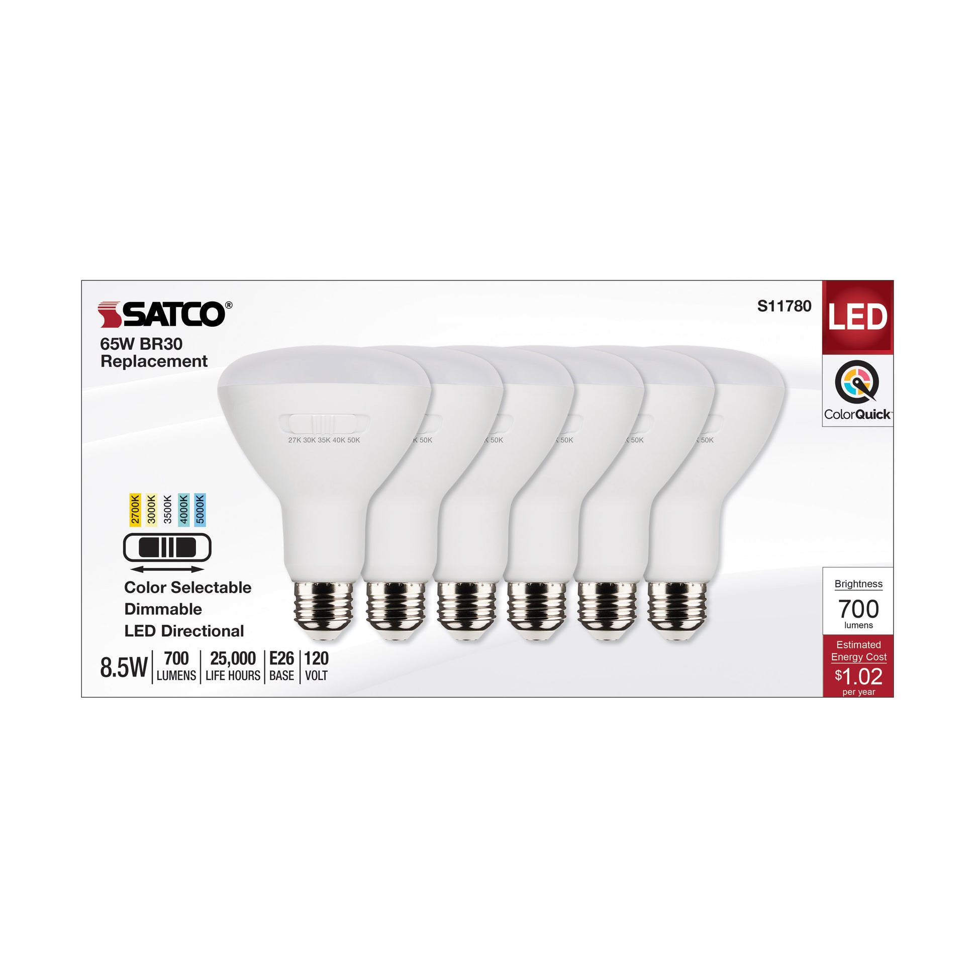 image of 8.5 Watt BR30 LED - Medium Base - CCT Selectable - White Finish - 90 CRI - 120 Volt - 6 Pack