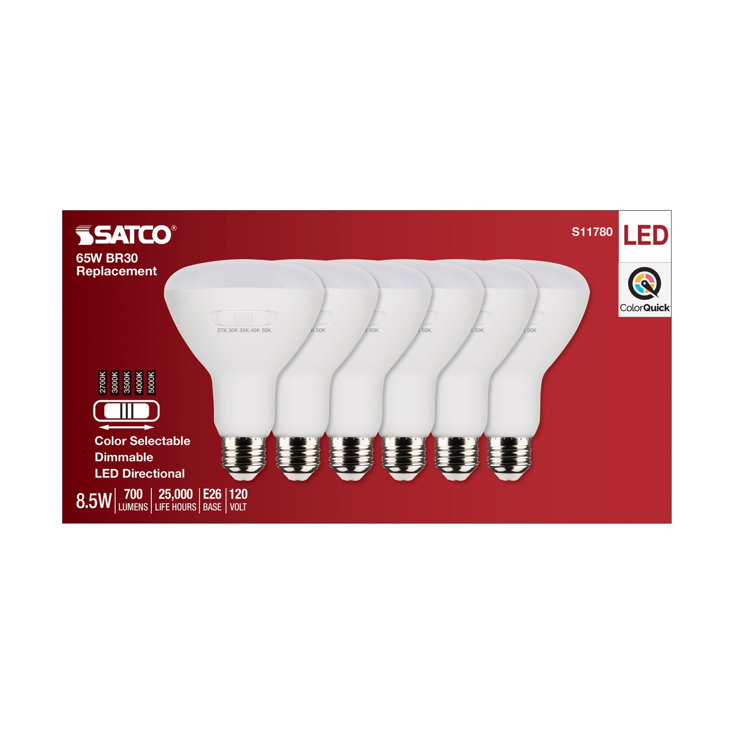 image of 8.5 Watt BR30 LED - Medium Base - CCT Selectable - White Finish - 90 CRI - 120 Volt - 6 Pack