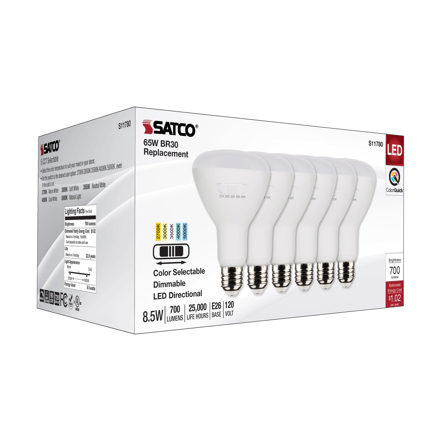 image of 8.5 Watt BR30 LED - Medium Base - CCT Selectable - White Finish - 90 CRI - 120 Volt - 6 Pack