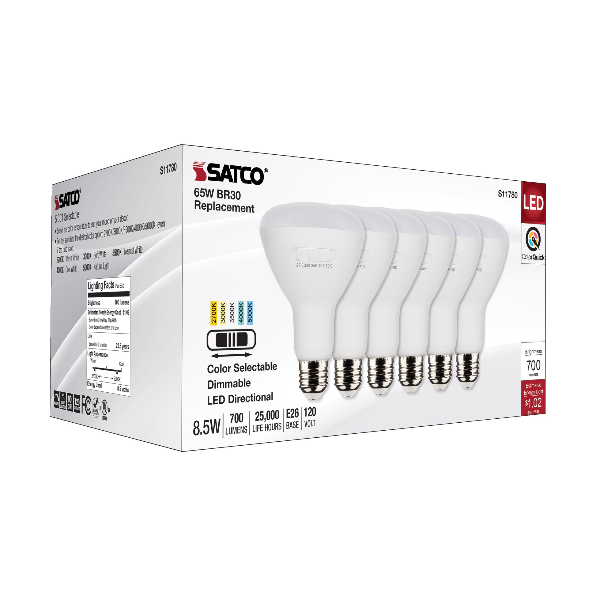 image of 8.5 Watt BR30 LED - Medium Base - CCT Selectable - White Finish - 90 CRI - 120 Volt - 6 Pack