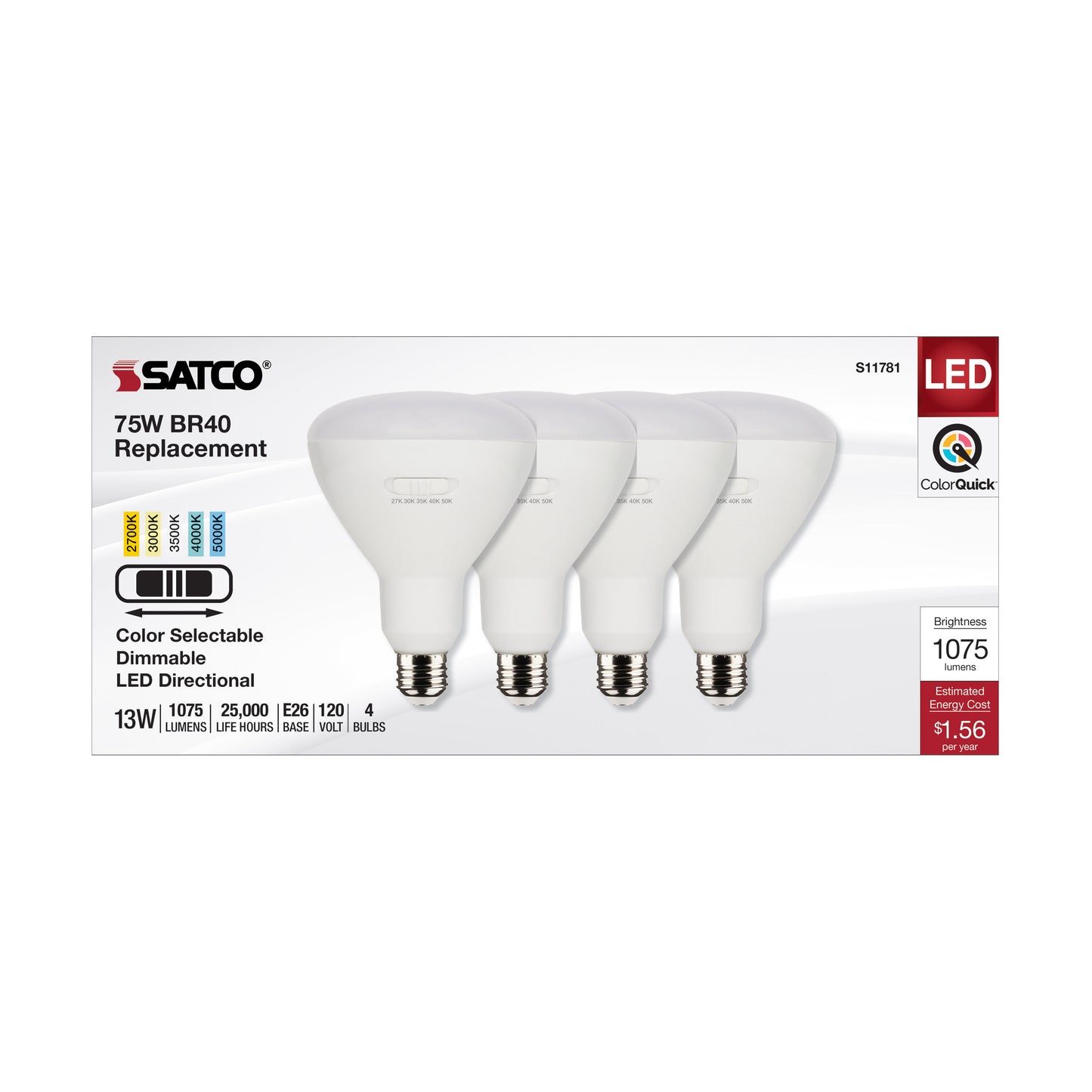 image of 13 Watt BR40 LED - Medium Base - CCT Selectable - White Finish - 90 CRI - 120 Volt - 4 Pack
