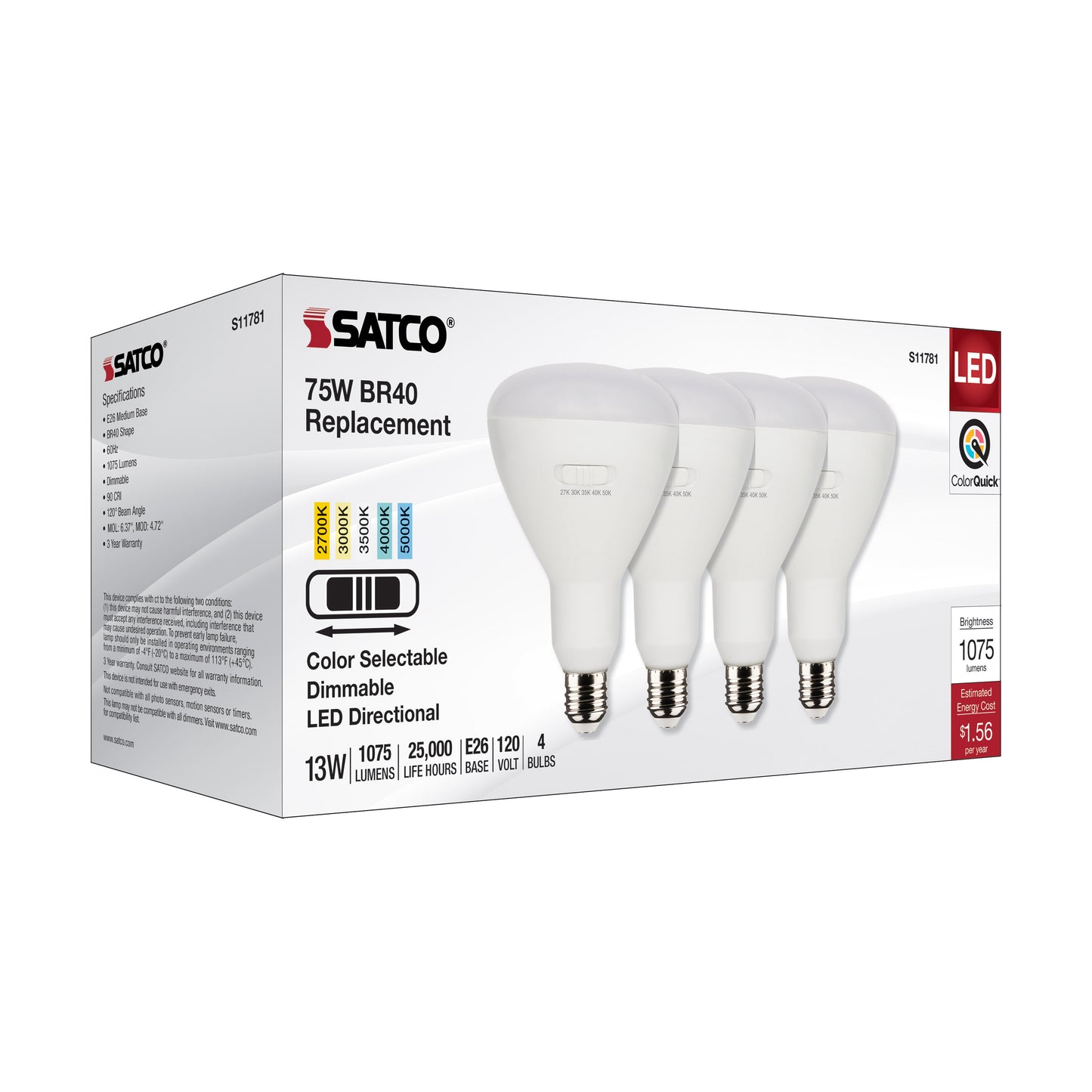 image of 13 Watt BR40 LED - Medium Base - CCT Selectable - White Finish - 90 CRI - 120 Volt - 4 Pack