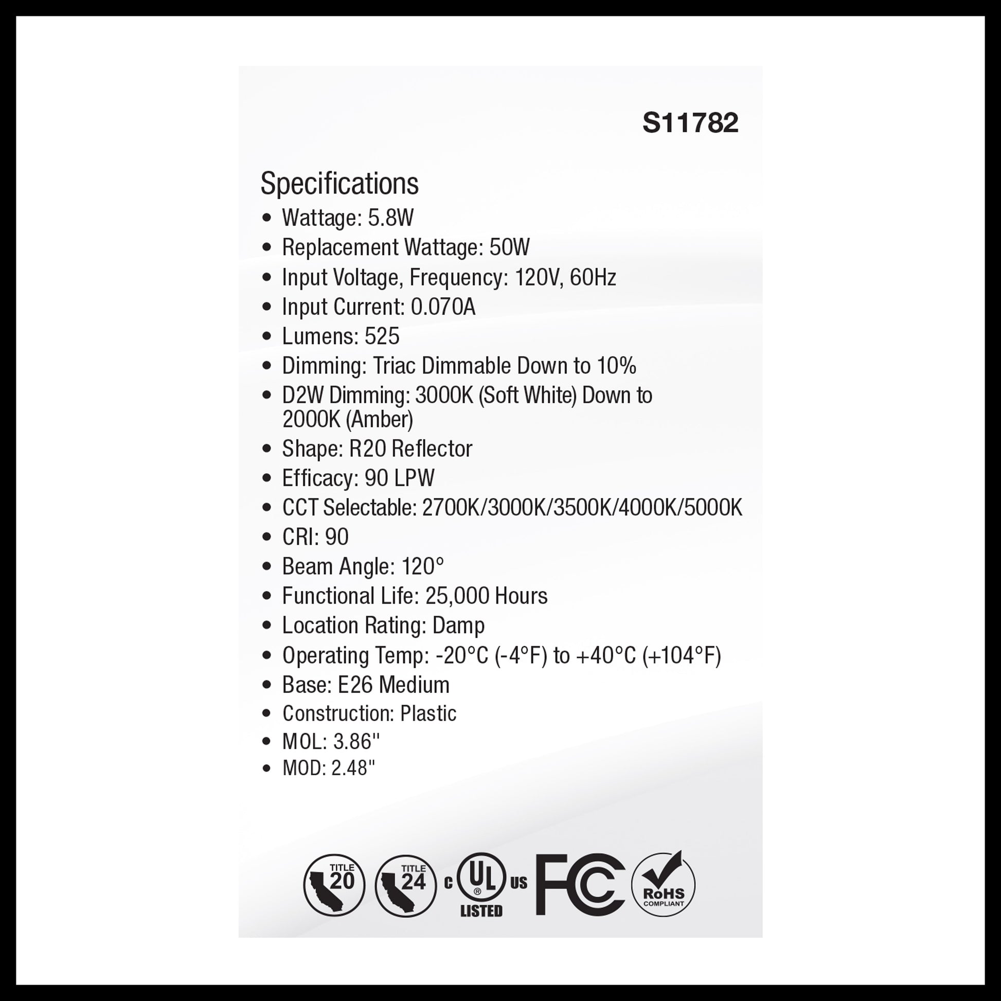 image of 5.8 Watt R20 LED - 27K/30K/35K/40K/50K CCT Selectable - Dim to Warm - White Finish - 120 Volt