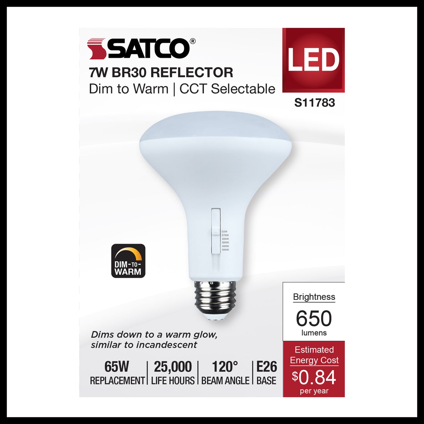 image of 7 Watt BR30 LED - 27K/30K/35K/40K/50K CCT Selectable - Dim to Warm - White Finish - 120 Volt