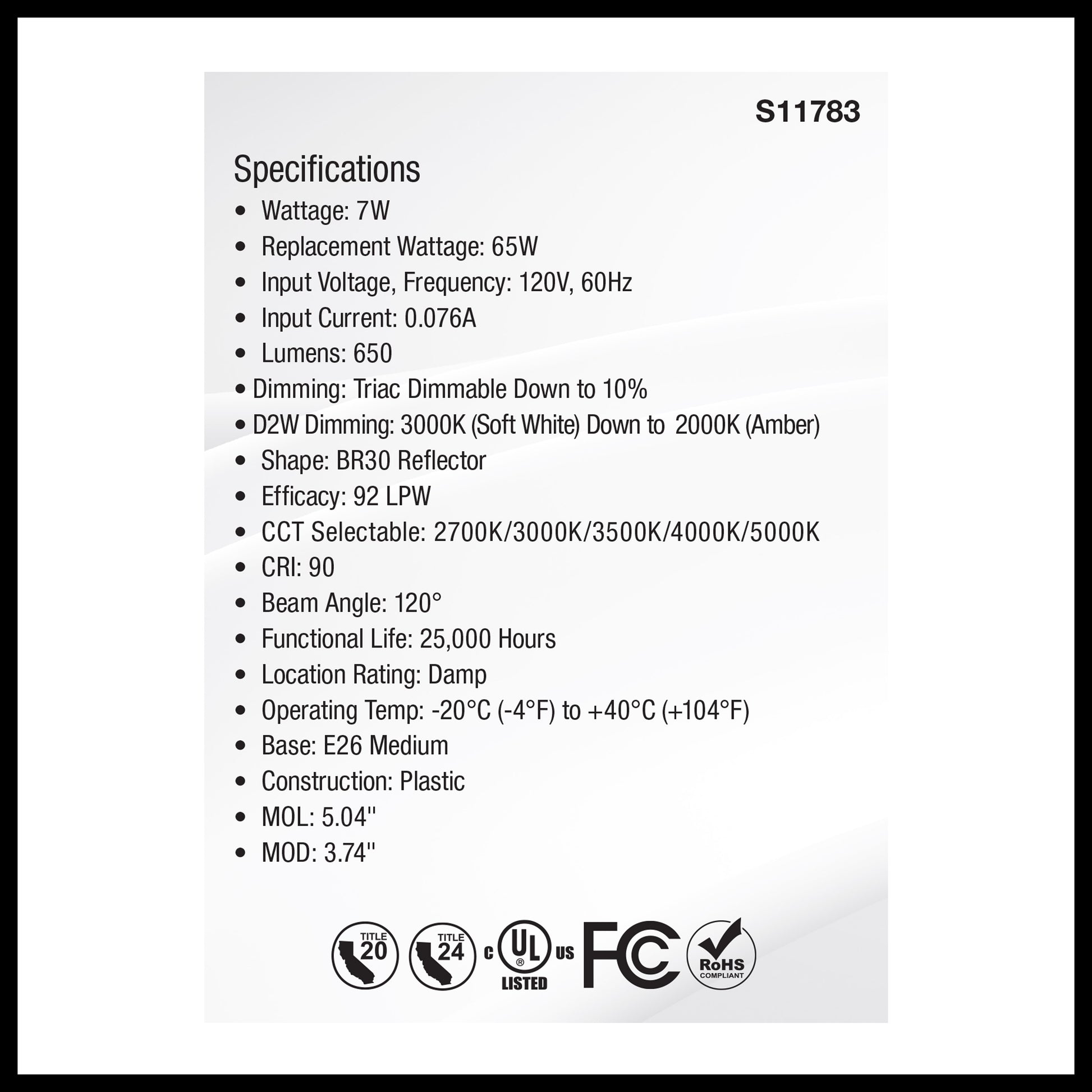 image of 7 Watt BR30 LED - 27K/30K/35K/40K/50K CCT Selectable - Dim to Warm - White Finish - 120 Volt