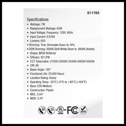 image of 7 Watt BR30 LED - 27K/30K/35K/40K/50K CCT Selectable - Dim to Warm - White Finish - 120 Volt