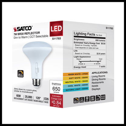 image of 7 Watt BR30 LED - 27K/30K/35K/40K/50K CCT Selectable - Dim to Warm - White Finish - 120 Volt