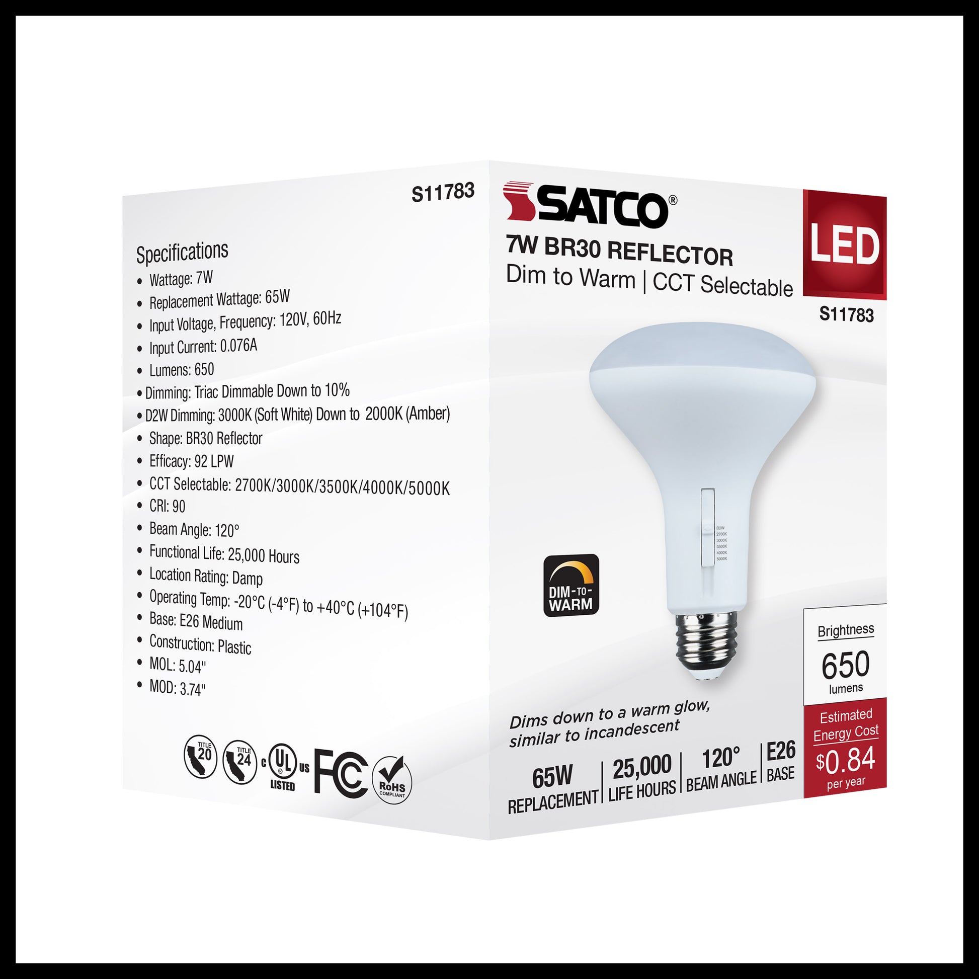 image of 7 Watt BR30 LED - 27K/30K/35K/40K/50K CCT Selectable - Dim to Warm - White Finish - 120 Volt