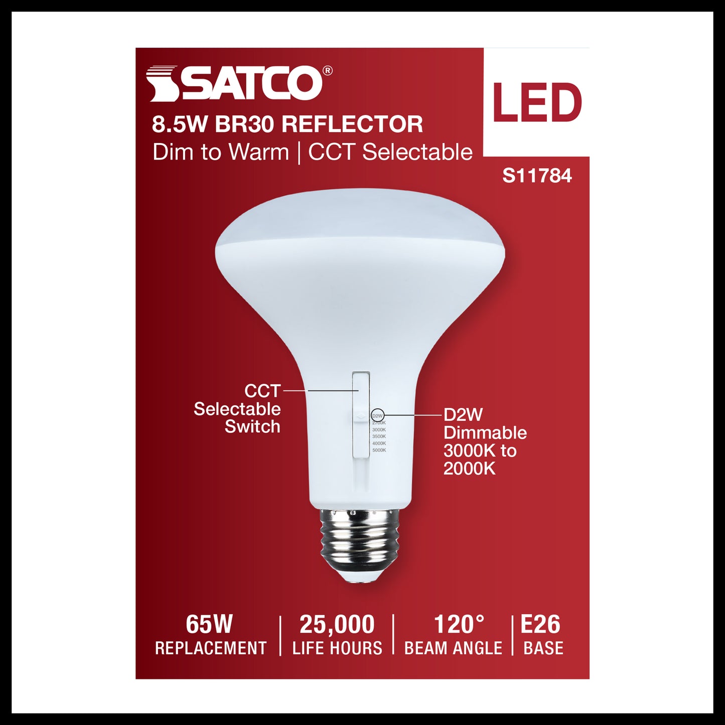image of 8.5 Watt BR30 LED - 27K/30K/35K/40K/50K CCT Selectable - Dim to Warm - White Finish - 120 Volt
