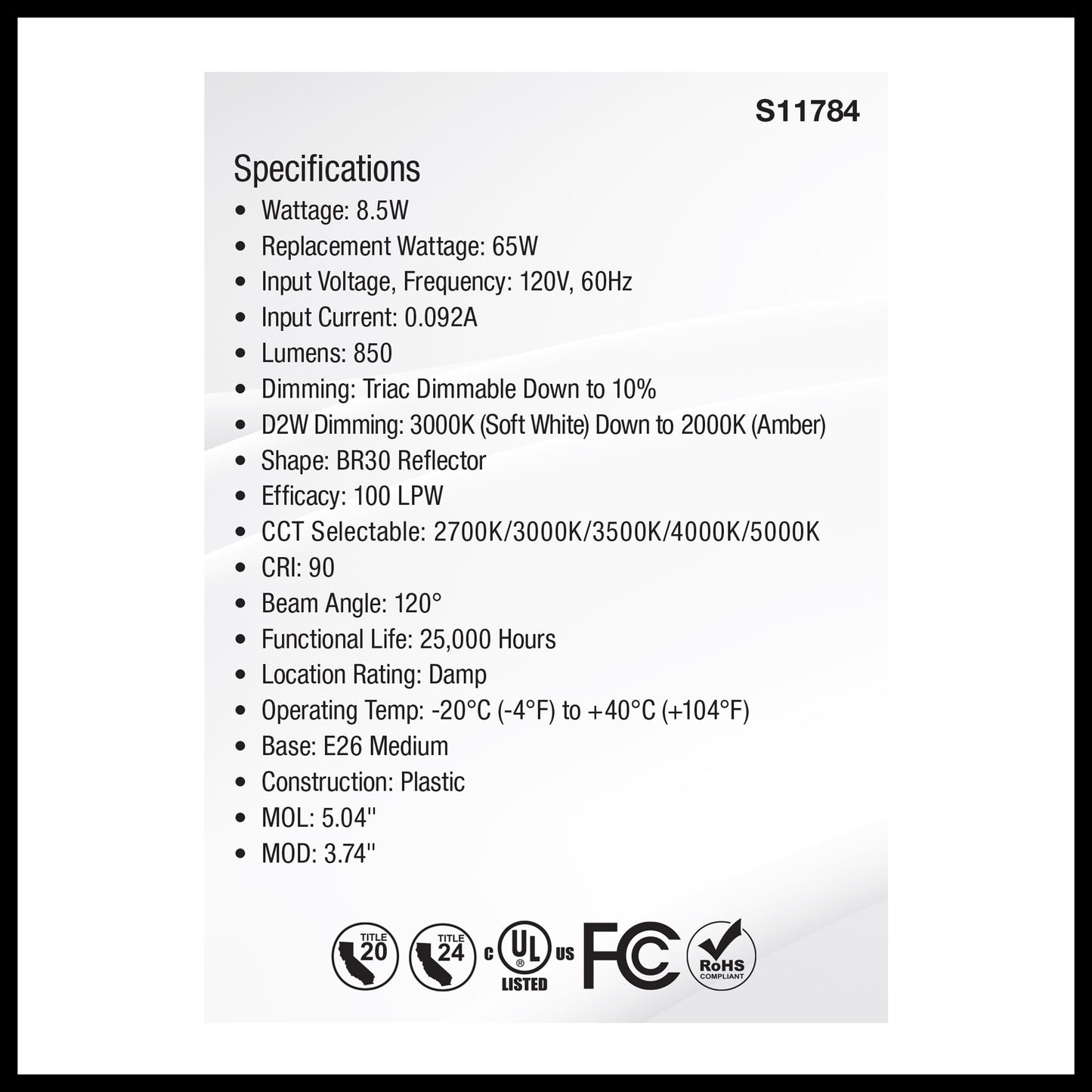 image of 8.5 Watt BR30 LED - 27K/30K/35K/40K/50K CCT Selectable - Dim to Warm - White Finish - 120 Volt