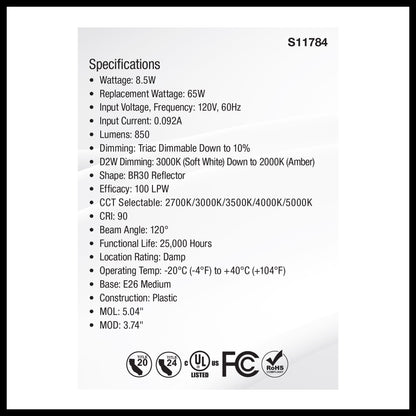 image of 8.5 Watt BR30 LED - 27K/30K/35K/40K/50K CCT Selectable - Dim to Warm - White Finish - 120 Volt