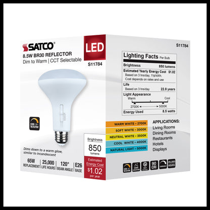 image of 8.5 Watt BR30 LED - 27K/30K/35K/40K/50K CCT Selectable - Dim to Warm - White Finish - 120 Volt