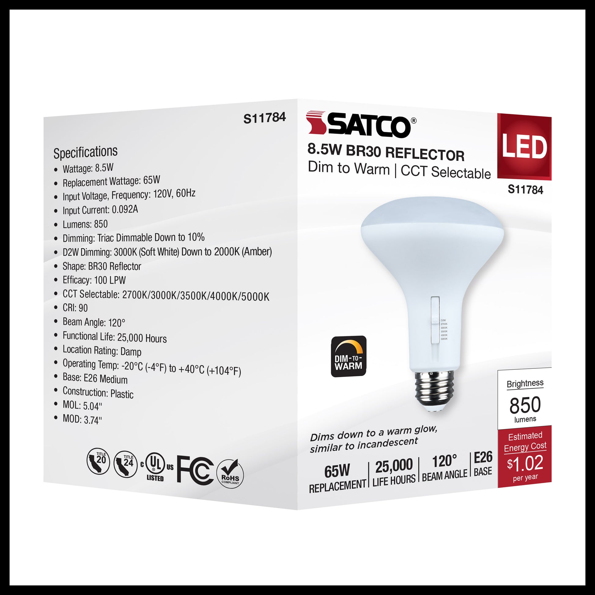 image of 8.5 Watt BR30 LED - 27K/30K/35K/40K/50K CCT Selectable - Dim to Warm - White Finish - 120 Volt