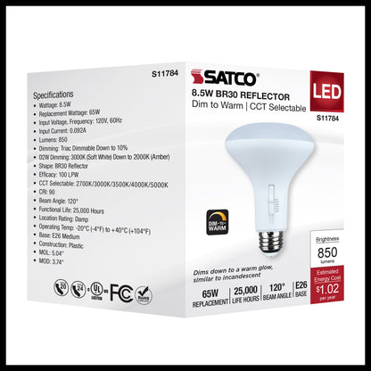 image of 8.5 Watt BR30 LED - 27K/30K/35K/40K/50K CCT Selectable - Dim to Warm - White Finish - 120 Volt