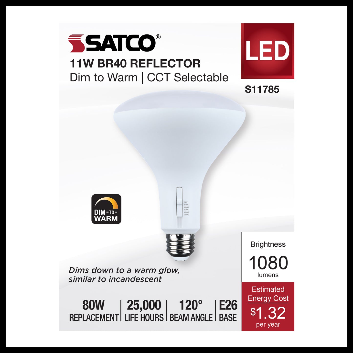 image of 11 Watt BR40 LED - 27K/30K/35K/40K/50K CCT Selectable - Dim to Warm - White Finish - 120 Volt
