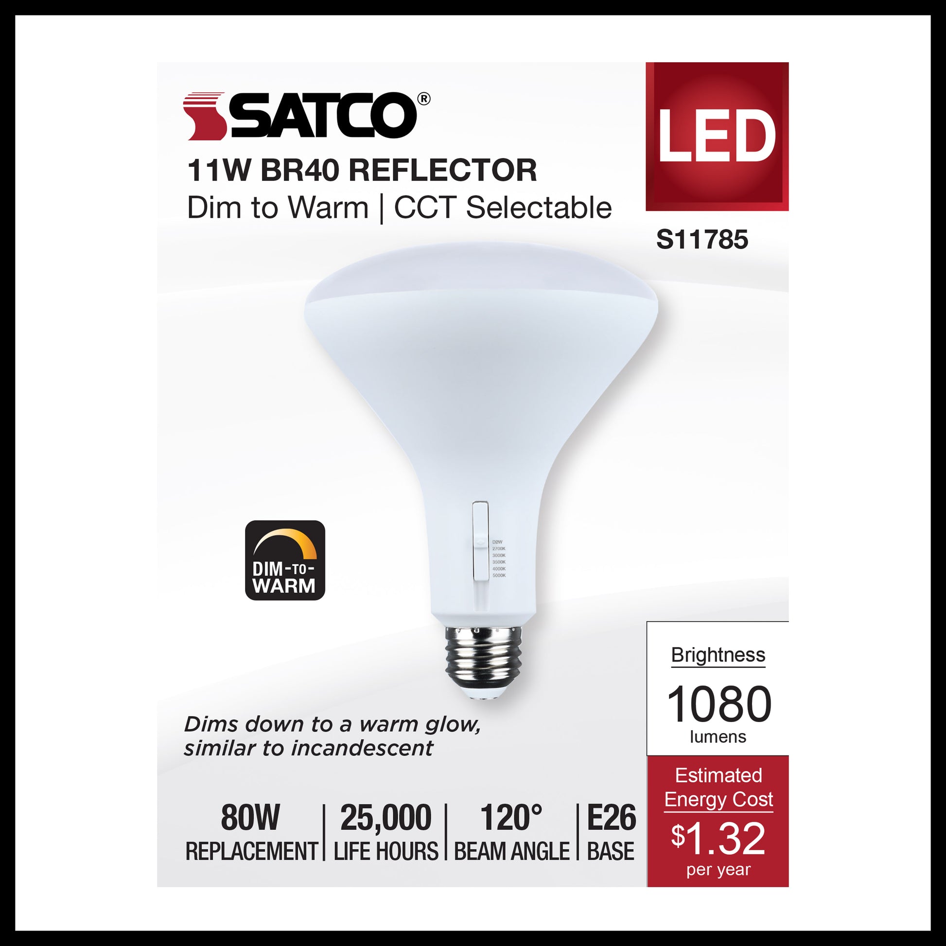 image of 11 Watt BR40 LED - 27K/30K/35K/40K/50K CCT Selectable - Dim to Warm - White Finish - 120 Volt