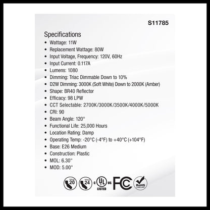 image of 11 Watt BR40 LED - 27K/30K/35K/40K/50K CCT Selectable - Dim to Warm - White Finish - 120 Volt
