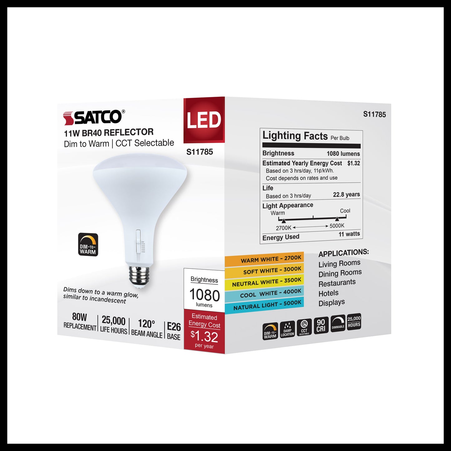 image of 11 Watt BR40 LED - 27K/30K/35K/40K/50K CCT Selectable - Dim to Warm - White Finish - 120 Volt