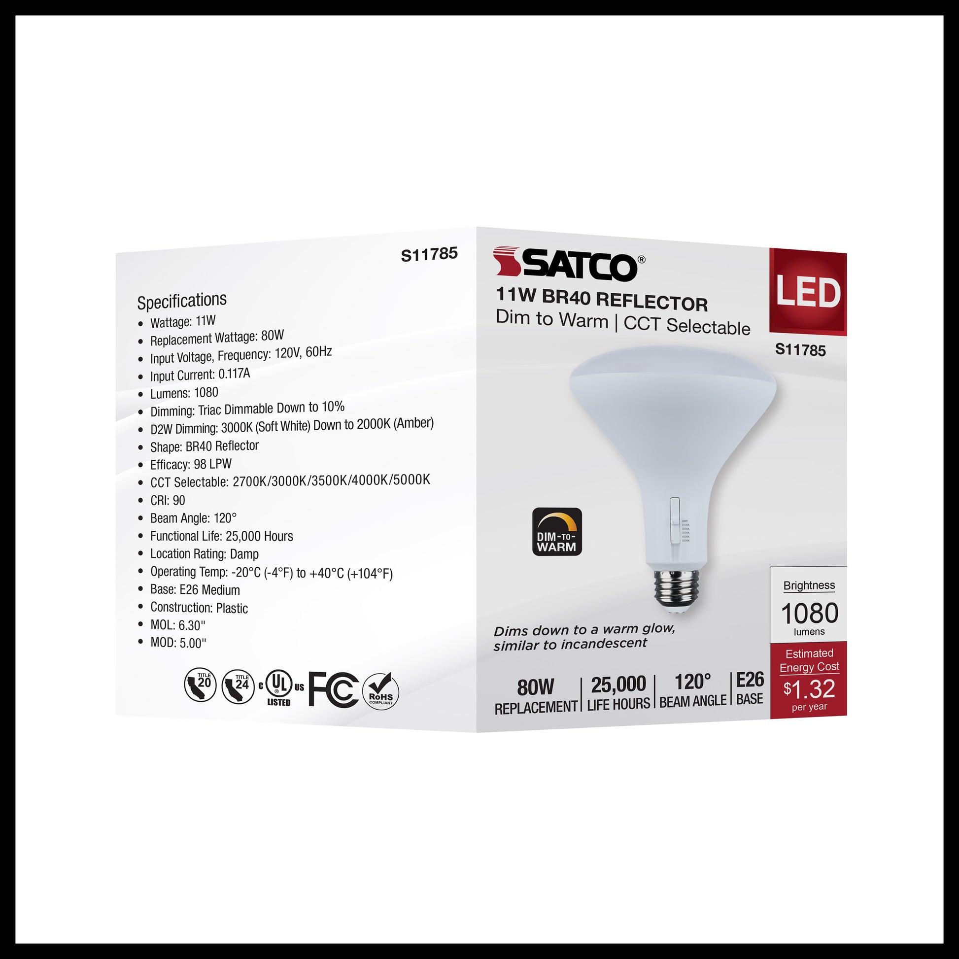 image of 11 Watt BR40 LED - 27K/30K/35K/40K/50K CCT Selectable - Dim to Warm - White Finish - 120 Volt