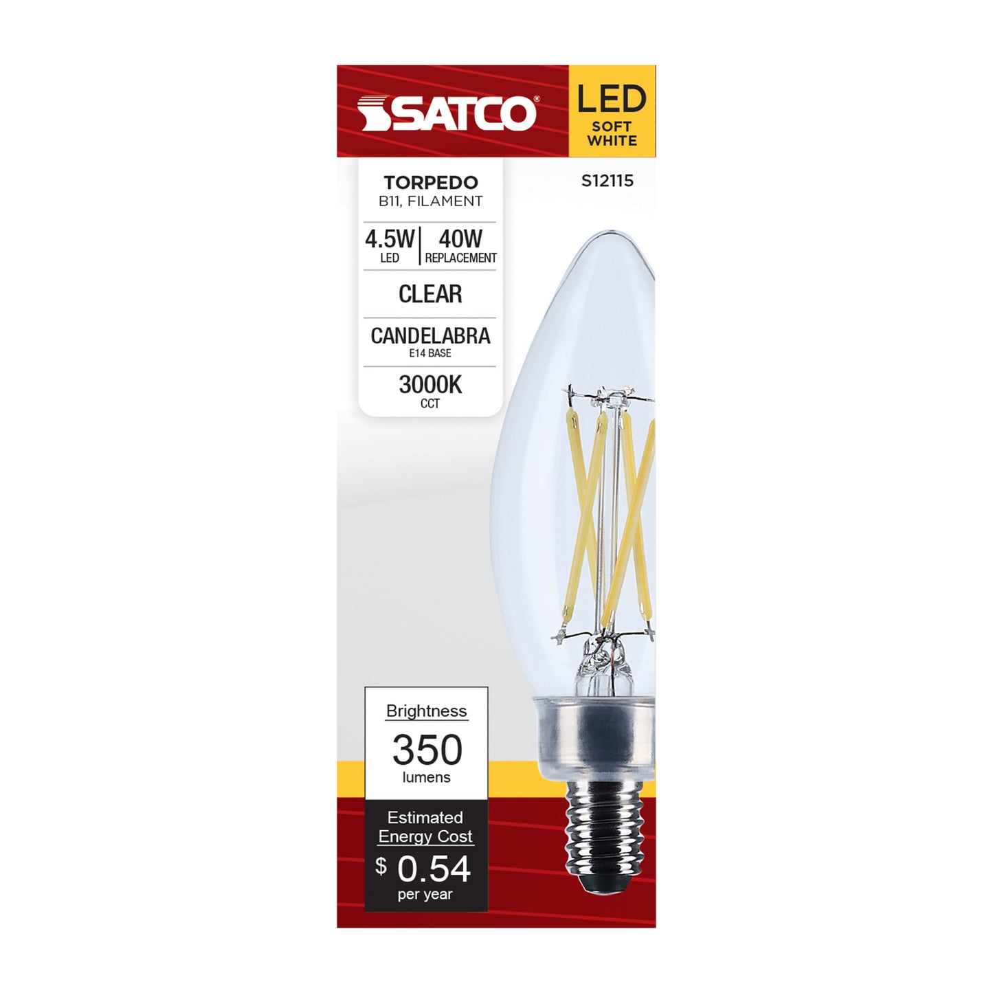 image of 4.5 Watt - B11 LED - Clear - 350 Lumens - 3000K - European base - 120 Volt