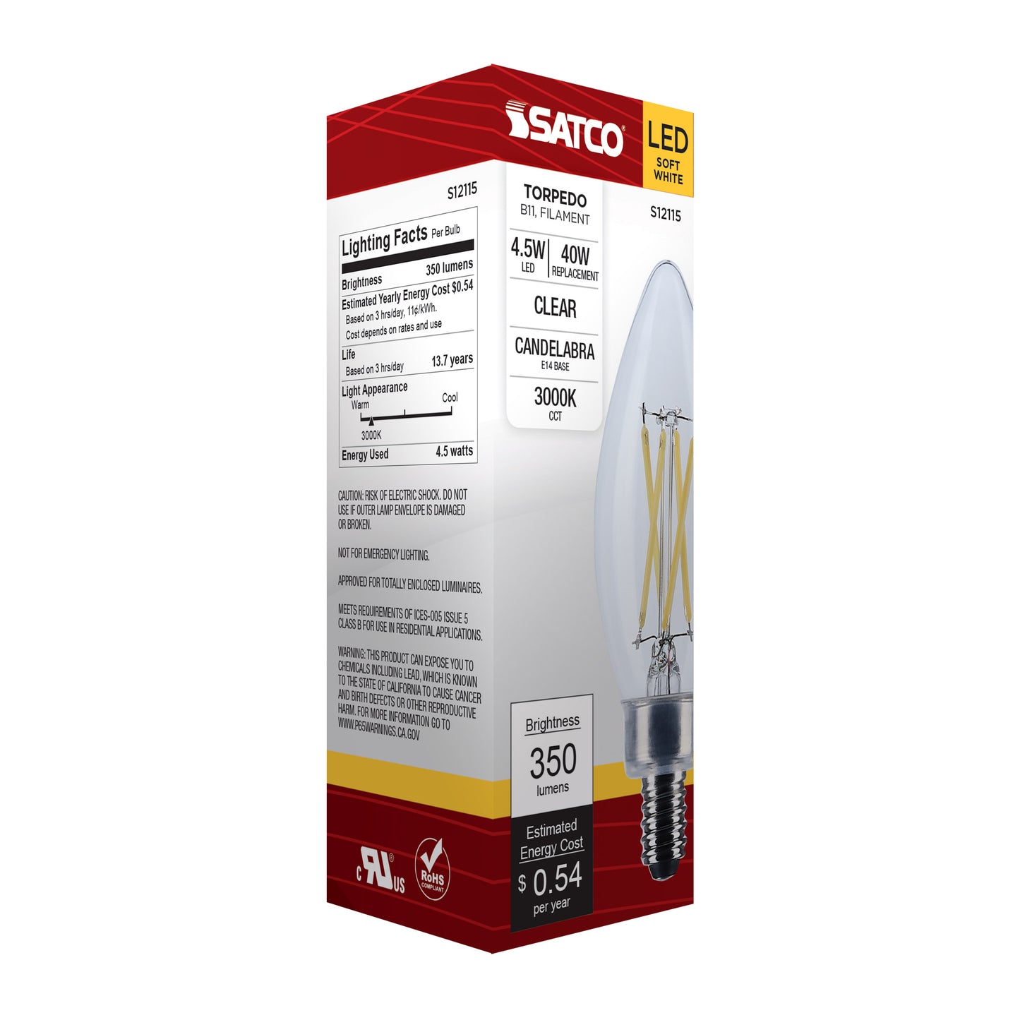 image of 4.5 Watt - B11 LED - Clear - 350 Lumens - 3000K - European base - 120 Volt