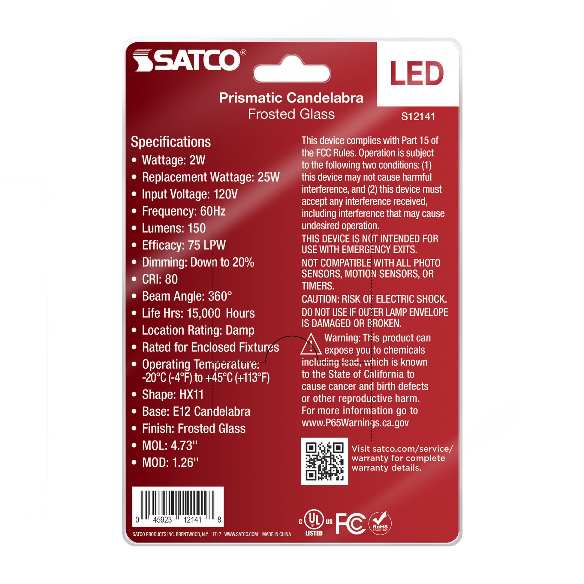 image of 2 Watt Prismatic HX11 LED - 2700K CCT - Candelabra Base - 120 Volt - Frost Finish - 2-Card
