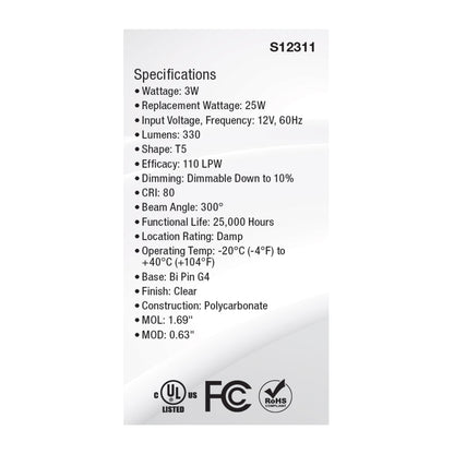 image of 3 Watt T5 LED - Clear Finish - Bi Pin G4 Base - 3000K - 12 Volt