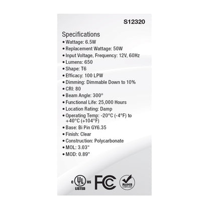 image of 6.5 Watt T6 LED - Clear Finish - GY6.35 Base - 3000K - 12 Volt