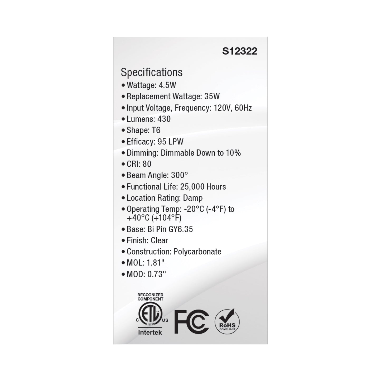 image of 4.5 Watt T6 LED - Clear Finish - GY6.35 Base - 3000K - 120 Volt