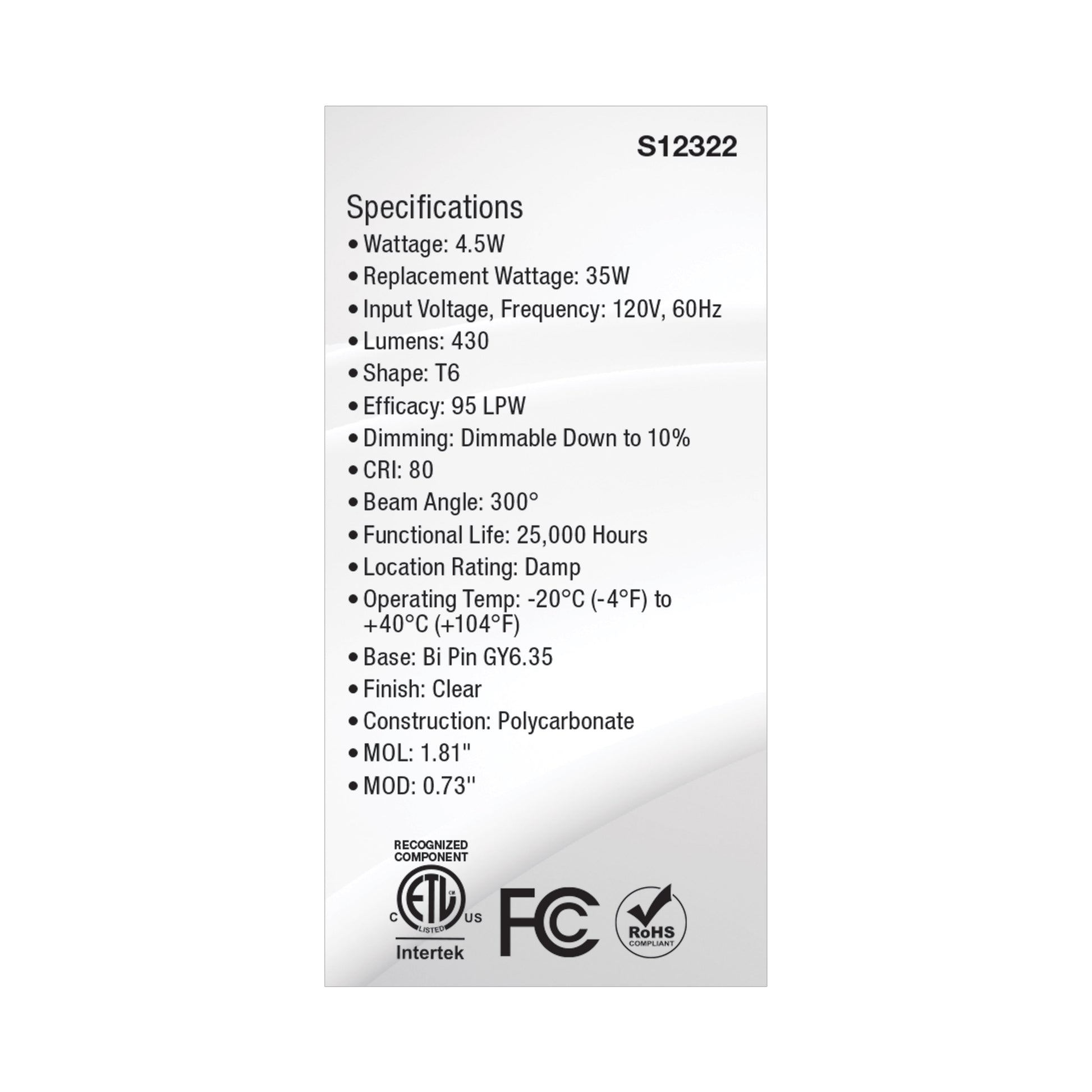 image of 4.5 Watt T6 LED - Clear Finish - GY6.35 Base - 3000K - 120 Volt