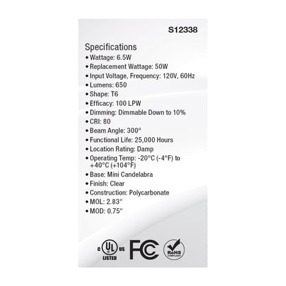 image of 6.5 Watt T6 LED - Clear Finish - E11 Base - 3000K - 120 Volt