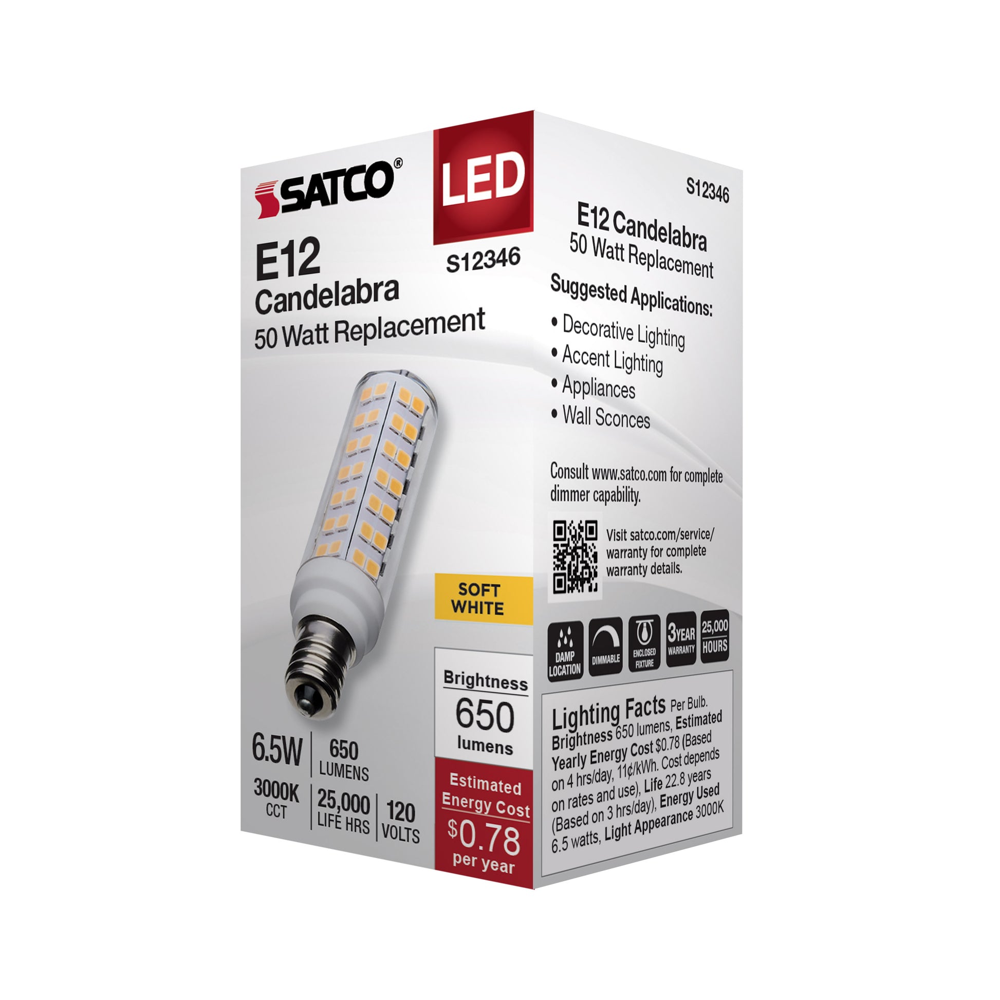 image of 6.5 Watt T6 LED - Clear Finish - E12 Base - 3000K - 120 Volt