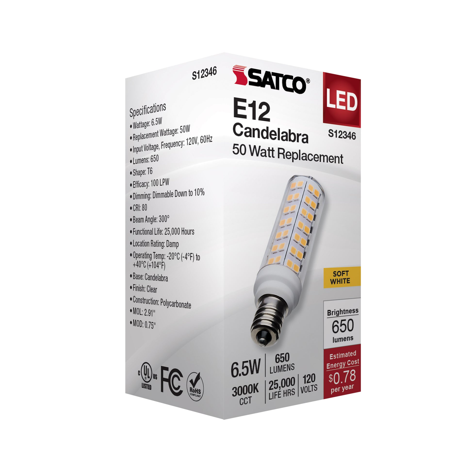 image of 6.5 Watt T6 LED - Clear Finish - E12 Base - 3000K - 120 Volt