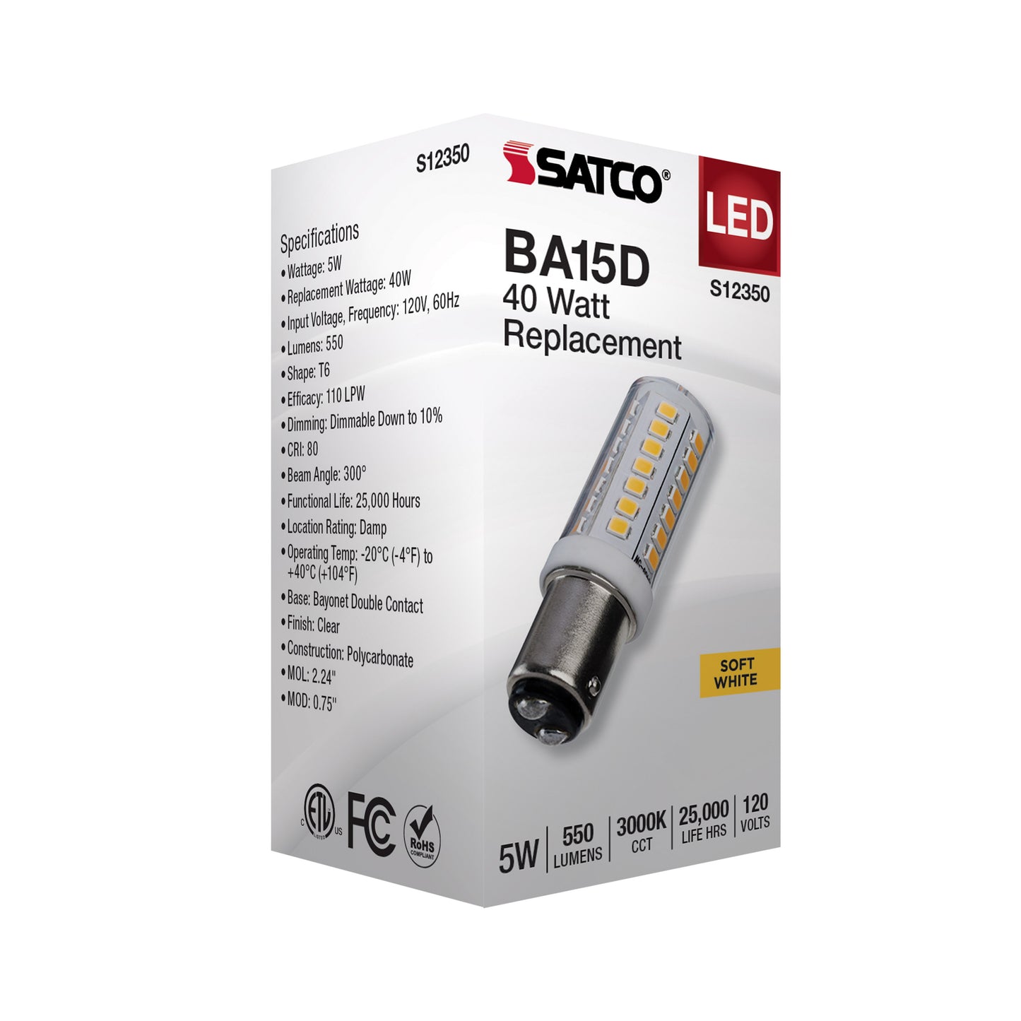 image of 5 Watt T6 LED - Clear Finish - DC Base - 3000K - 120 Volt