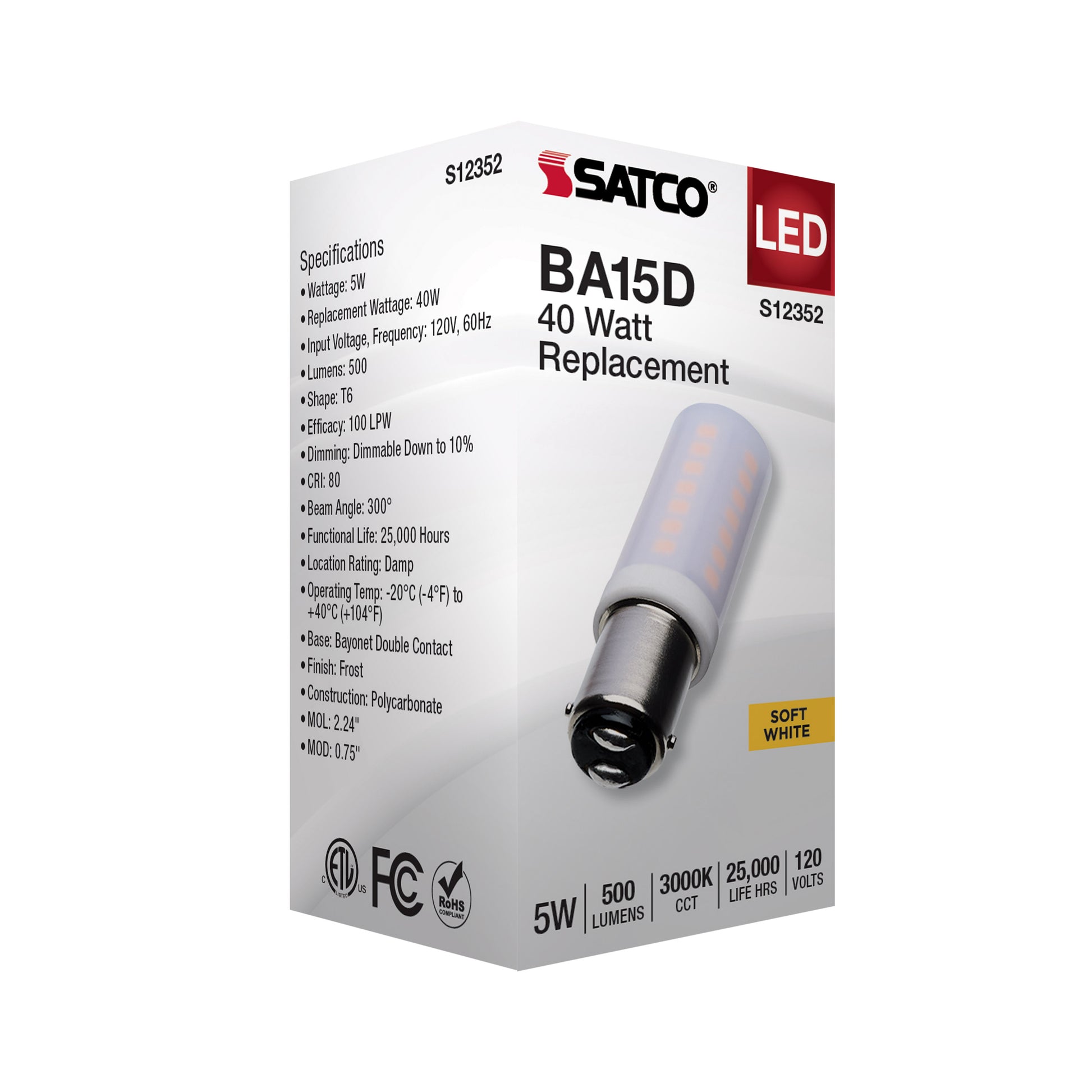 image of 5 Watt T6 LED - Frost Finish - DC Base - 3000K - 120 Volt