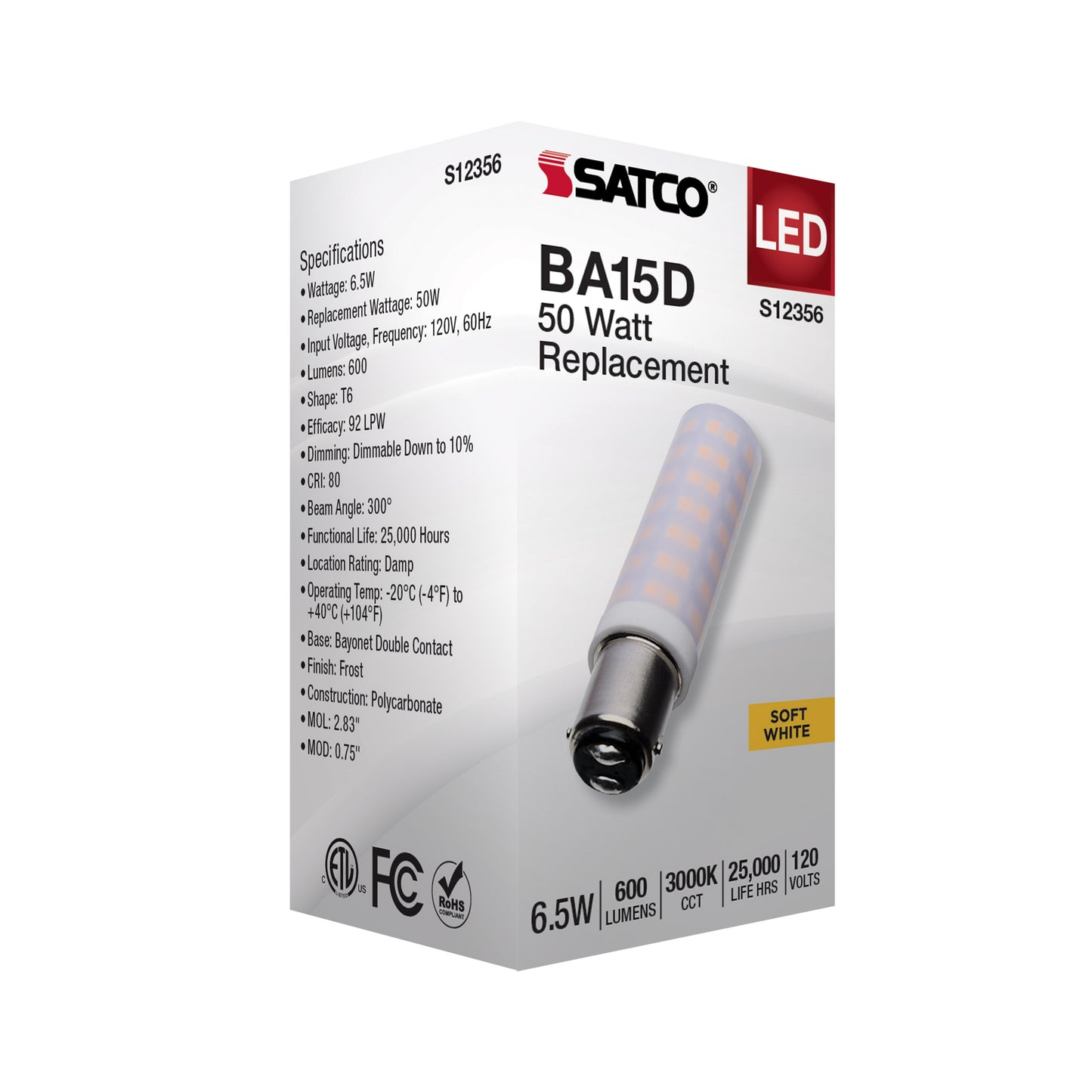 image of 6.5 Watt T6 LED - Frost Finish - DC Base - 3000K - 120 Volt