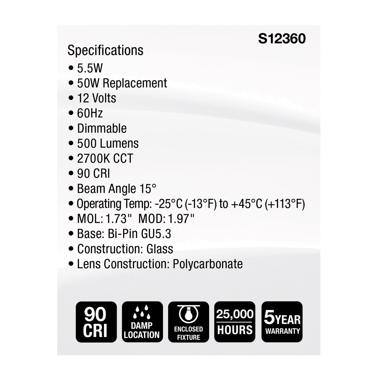 image of 5.5 Watt MR16 LED Spotlight - 2700K CCT - GU5.3 Base - 12 Volt