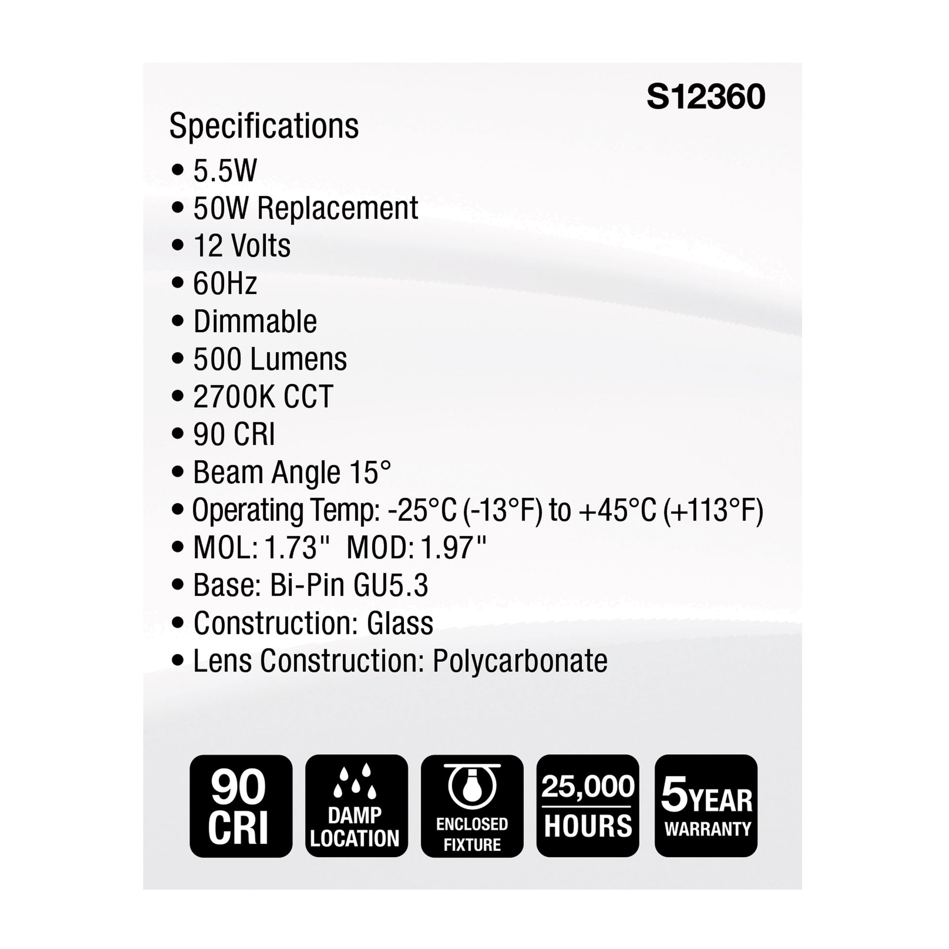 image of 5.5 Watt MR16 LED Spotlight - 2700K CCT - GU5.3 Base - 12 Volt