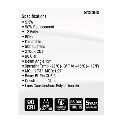 image of 5.5 Watt MR16 LED Spotlight - 2700K CCT - GU5.3 Base - 12 Volt