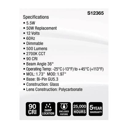 image of 5.5 Watt MR16 LED Floodlight - 2700K CCT - GU5.3 Base - 12 Volt
