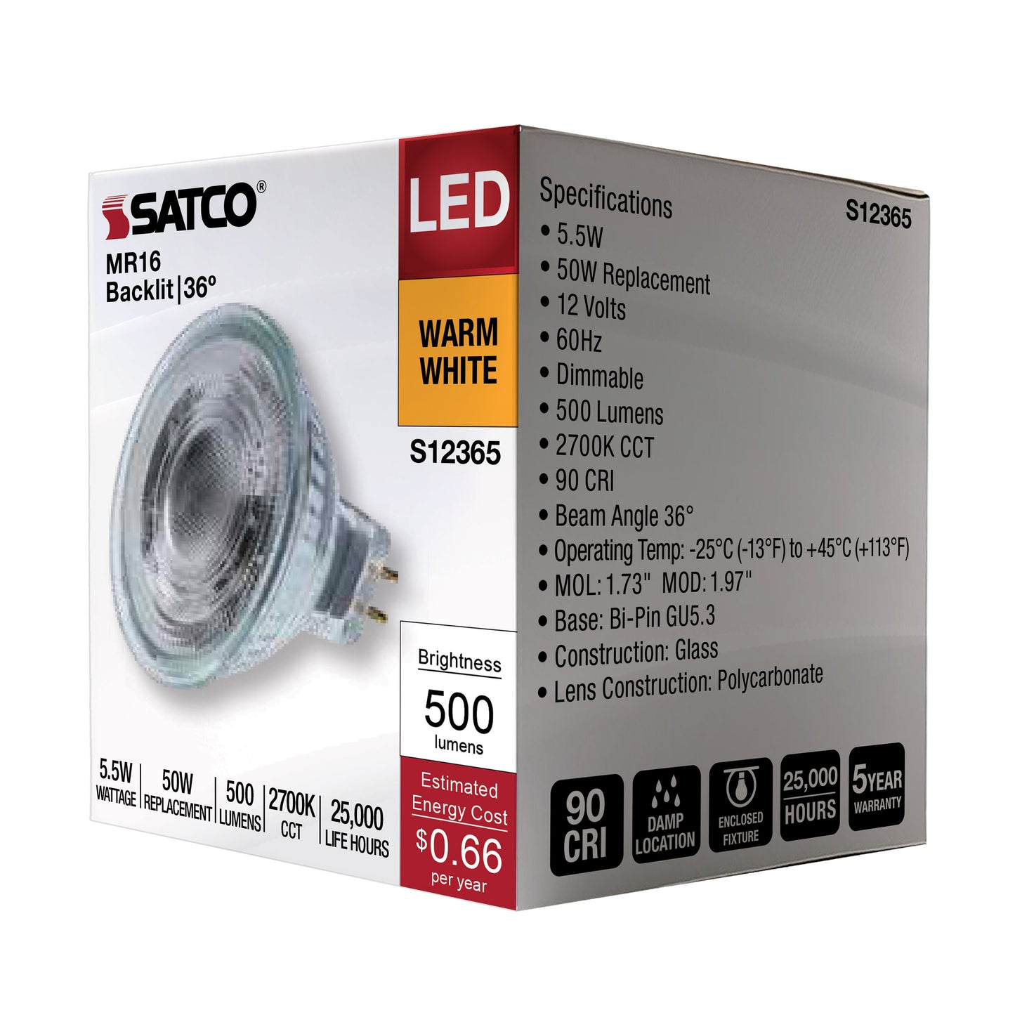 image of 5.5 Watt MR16 LED Floodlight - 2700K CCT - GU5.3 Base - 12 Volt