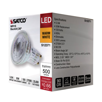 image of 5.5 Watt MR16 LED Floodlight - 2700K CCT - GU10 Base - 120 Volt