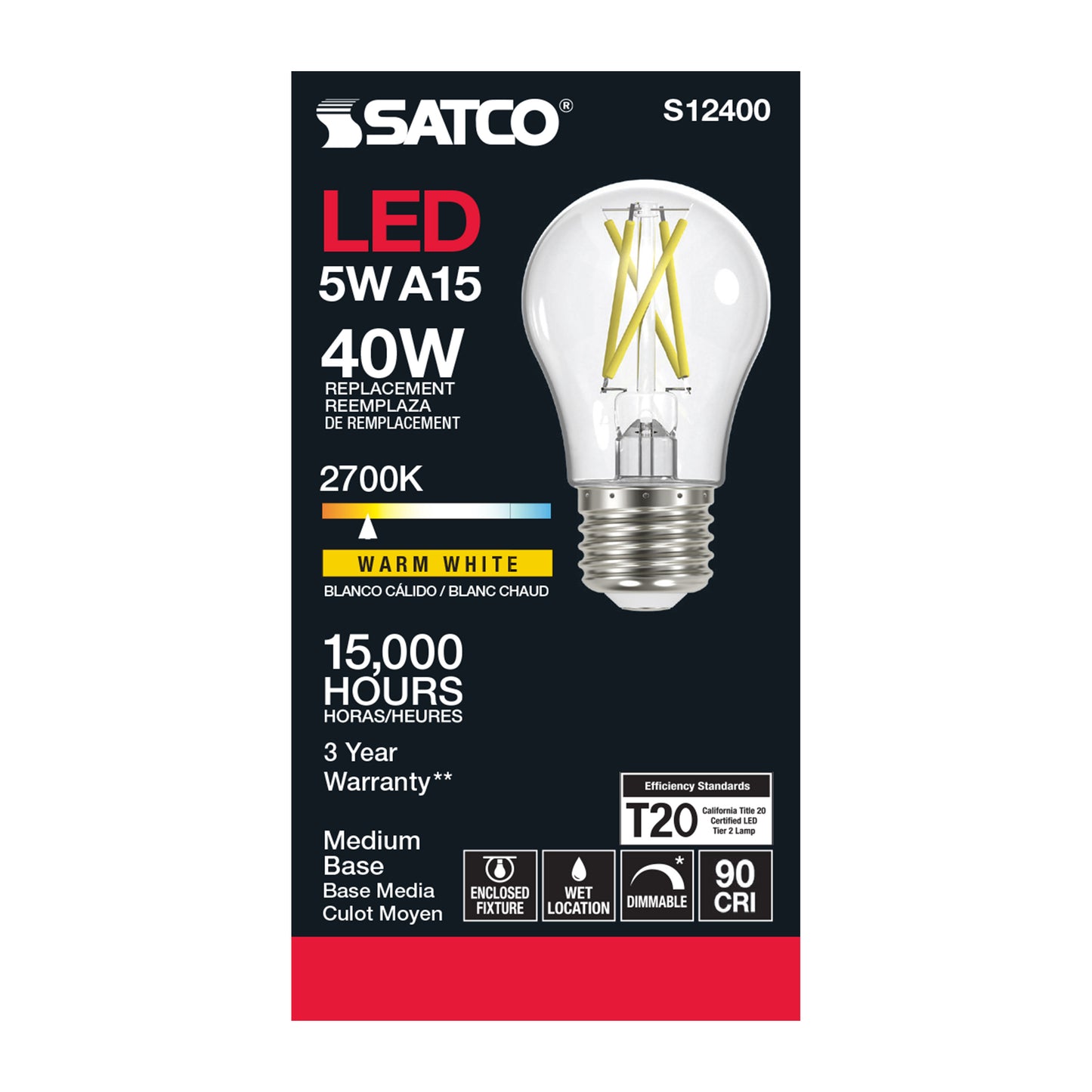 image of 5 Watt LED A15 - Clear - Medium Base - 2700K - 90 CRI - 120 Volt