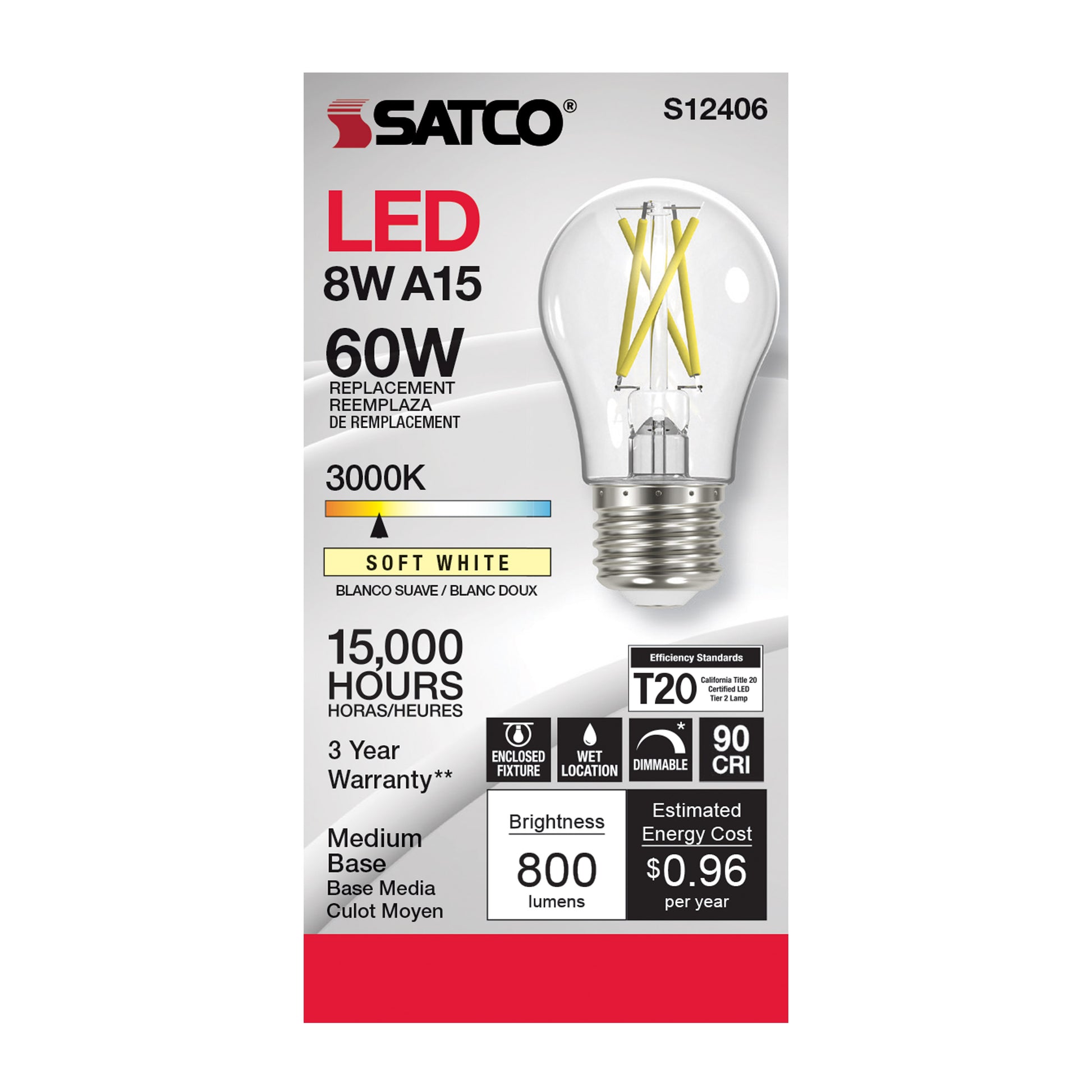 image of 8.2 Watt LED A15 - Clear - Medium Base - 3000K - 90 CRI - 120 Volt