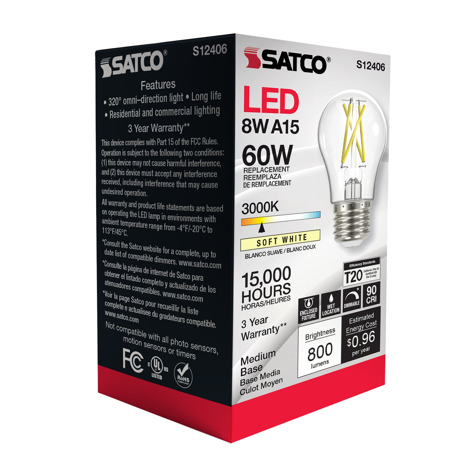image of 8.2 Watt LED A15 - Clear - Medium Base - 3000K - 90 CRI - 120 Volt