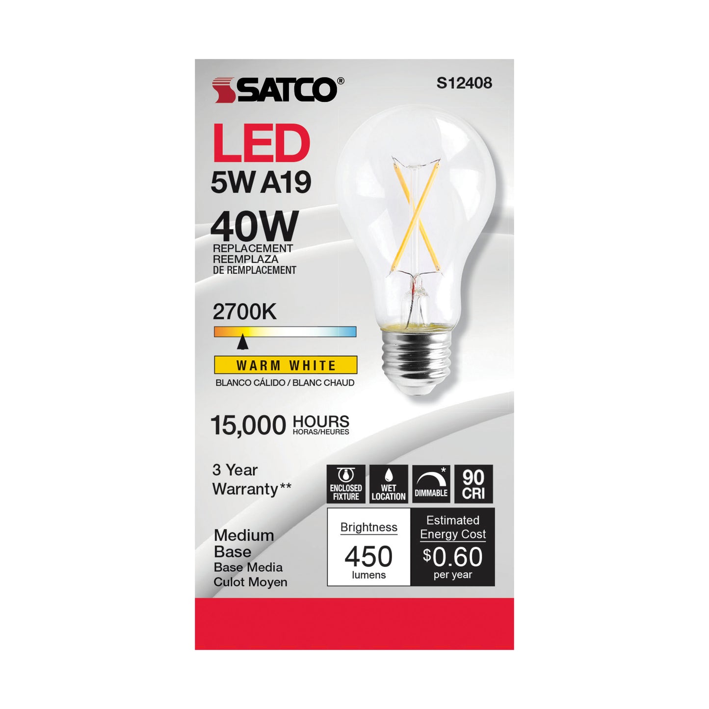 image of 5 Watt LED A19 - Clear - Medium Base - 2700K - 90 CRI - 120 Volt
