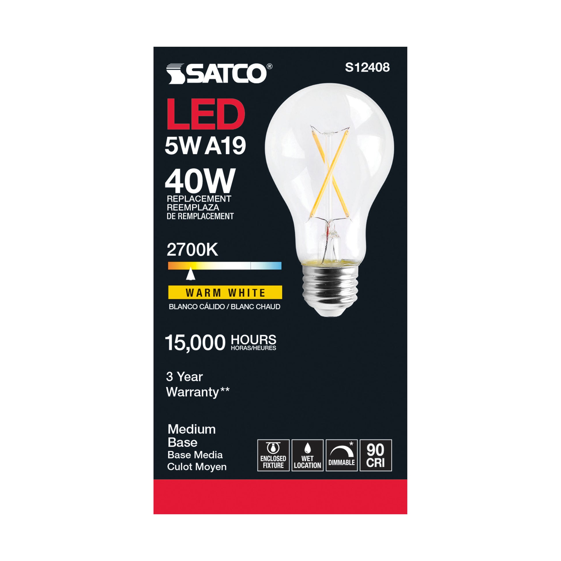 image of 5 Watt LED A19 - Clear - Medium Base - 2700K - 90 CRI - 120 Volt