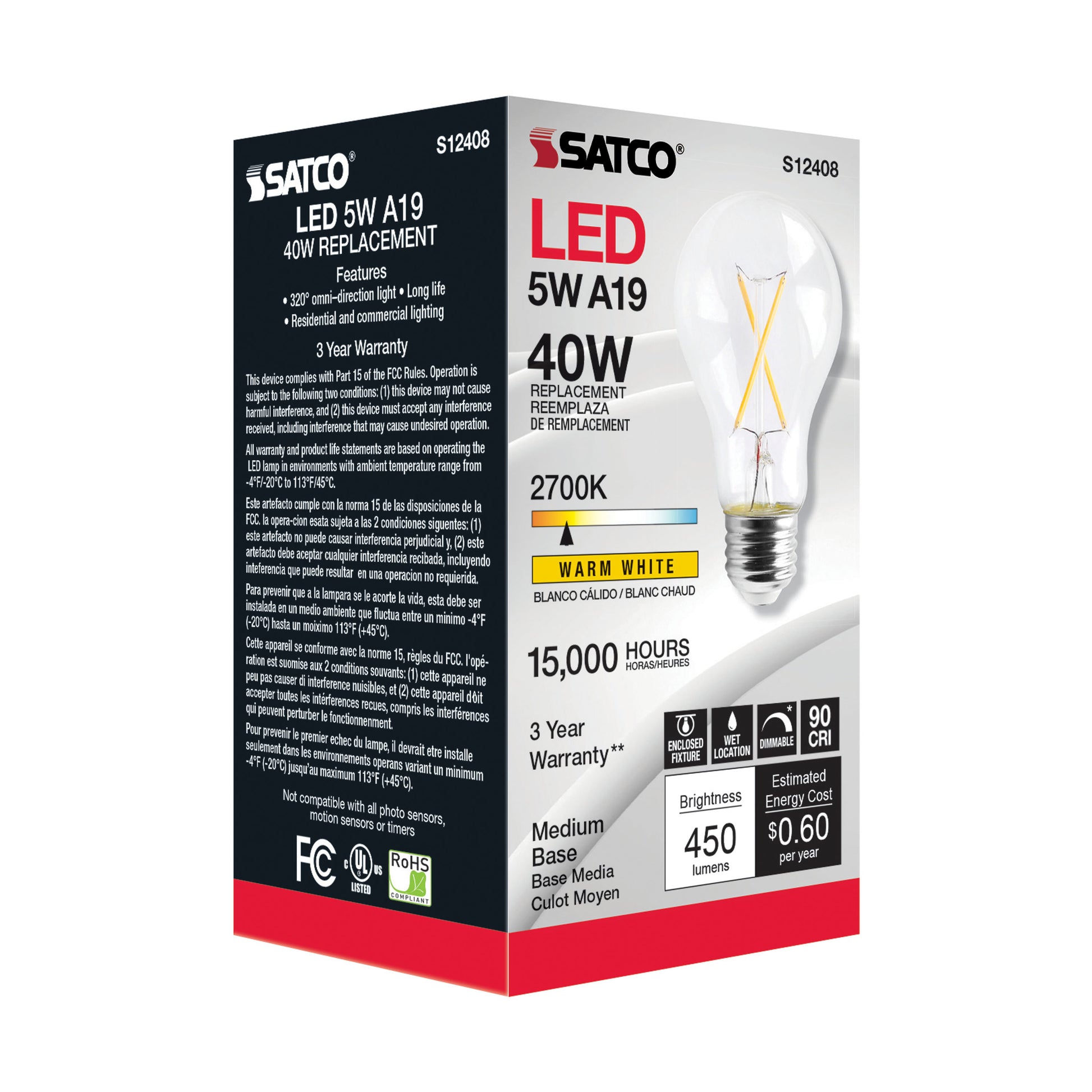 image of 5 Watt LED A19 - Clear - Medium Base - 2700K - 90 CRI - 120 Volt