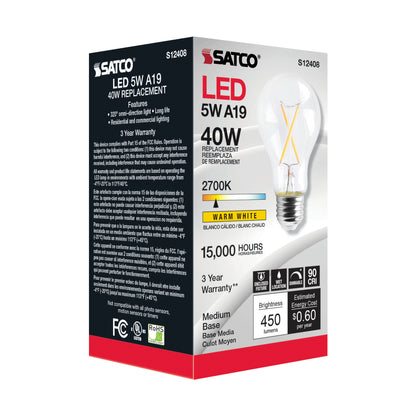 image of 5 Watt LED A19 - Clear - Medium Base - 2700K - 90 CRI - 120 Volt