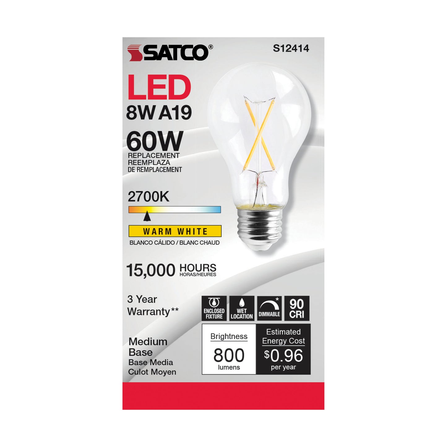 image of 8 Watt LED A19 - Clear - Medium Base - 2700K - 90 CRI - 120 Volt
